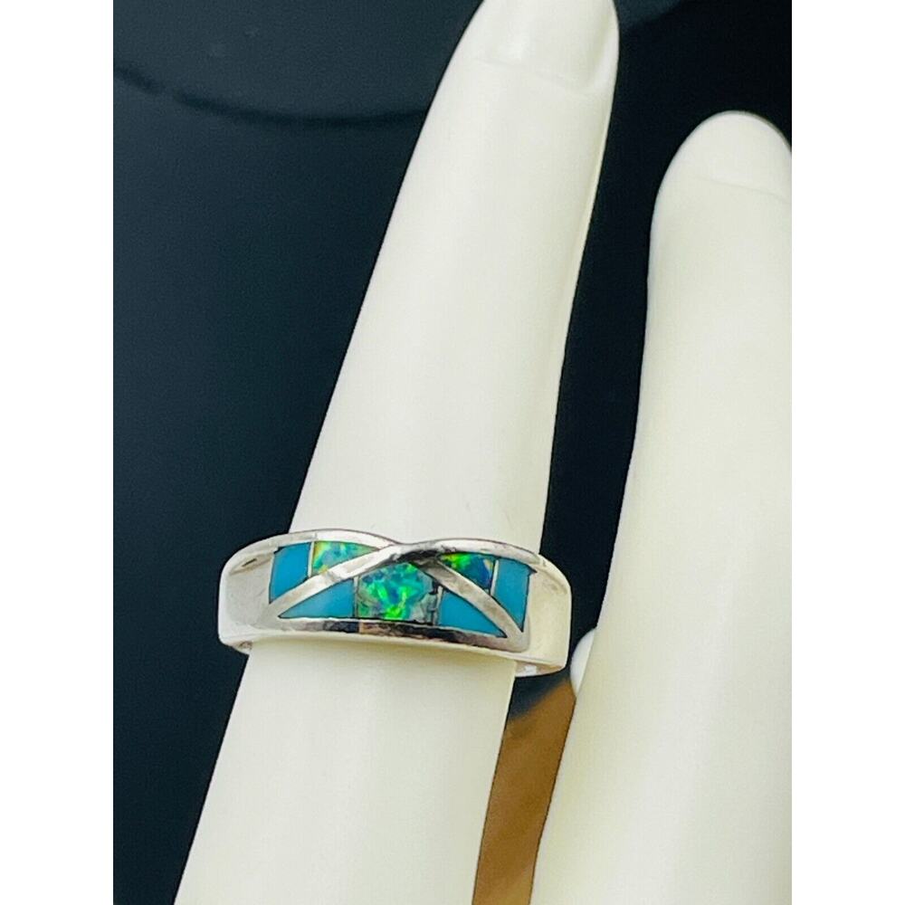 Southwest Sterling Silver Ring Lab Opal Turquoise Inlay Band Size 7 Signed AV - Picture 2 of 12